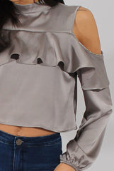 Grey Cold Shoulder Frill Layer Top - Lucy-Tops