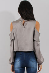 Grey Cold Shoulder Frill Layer Top - Lucy-Tops
