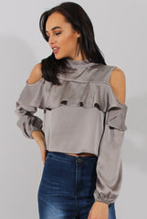 Grey Cold Shoulder Frill Layer Top - Lucy-Tops