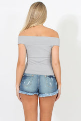 Grey Cold Shoulder Ribbed Top - Elsa-Tops