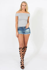 Grey Cold Shoulder Ribbed Top - Elsa-Tops