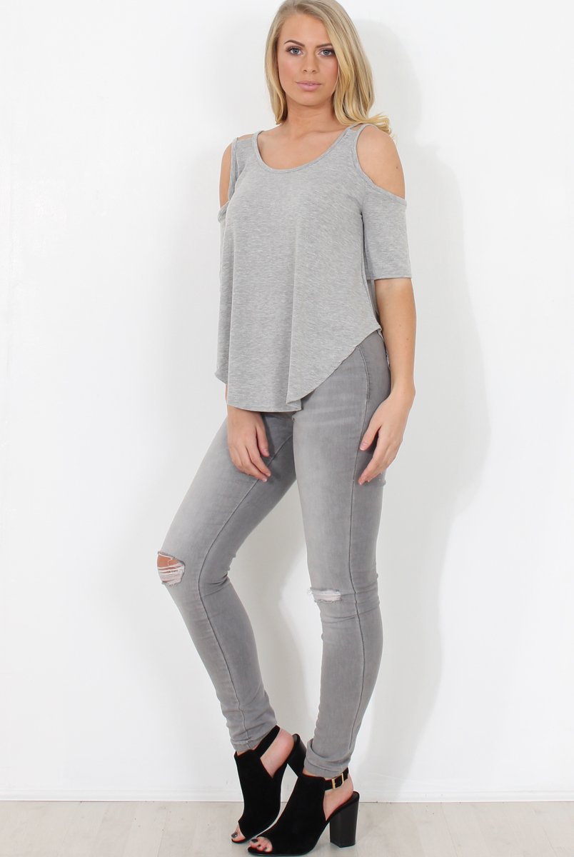Grey Cold Shoulder Top - Jade-Tops