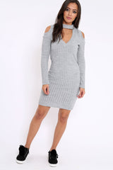 Grey Cold Shoulder and V Neck Cut Out Dress - Riona-Dresses