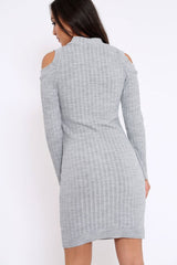 Grey Cold Shoulder and V Neck Cut Out Dress - Riona-Dresses