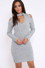 Grey Cold Shoulder and V Neck Cut Out Dress - Riona-Dresses