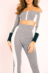 Grey Colour Block Bardot Crop Legging Co-ord - Sheyla-Co-ords