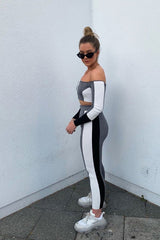 Grey Colour Block Bardot Crop Legging Co-ord - Sheyla-Co-ords
