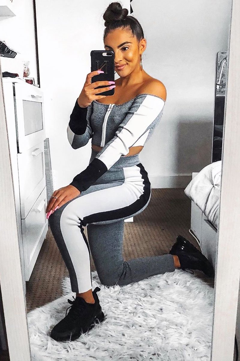 Grey Colour Block Bardot Crop Legging Co-ord - Sheyla-Co-ords