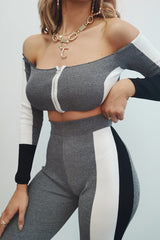 Grey Colour Block Bardot Crop Legging Co-ord - Sheyla-Co-ords