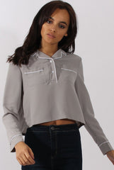 Grey Contrast Piping Cropped Shirt - Simone-Shirts