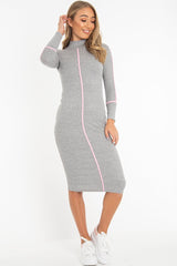 Grey Contrast Stripe Detail High Neck Midi Dress - Niana-Dresses