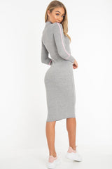 Grey Contrast Stripe Detail High Neck Midi Dress - Niana-Dresses
