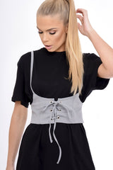 Grey Corset Lace Up Eyelet Crop Top - Mylene-Crop Tops