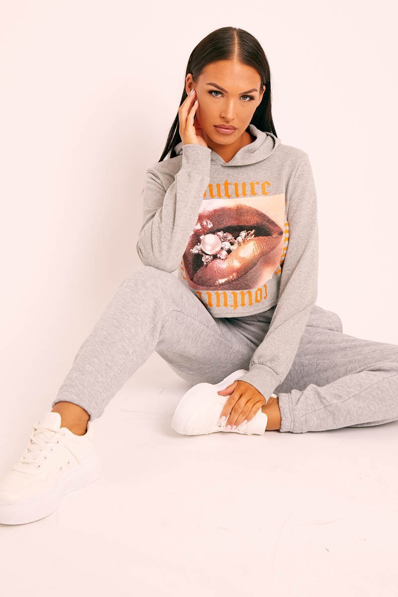 Grey Couture Graphic Cropped Hoodie - Camia-Hoodies