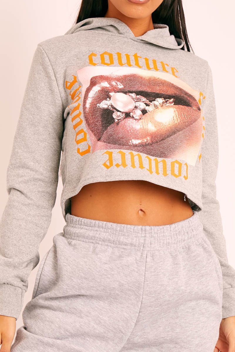 Grey Couture Graphic Cropped Hoodie - Camia-Hoodies