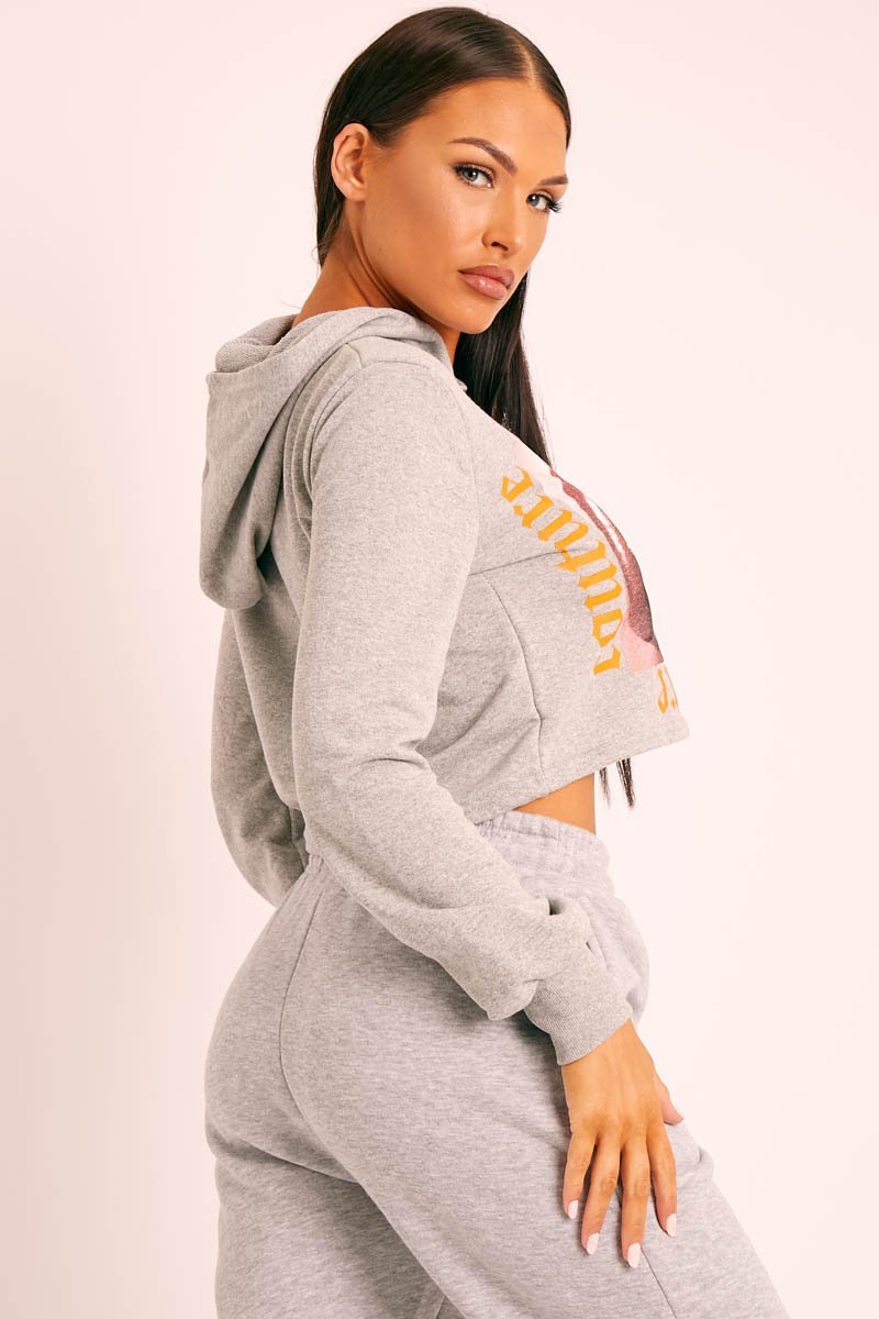 Grey Couture Graphic Cropped Hoodie - Camia-Hoodies