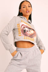 Grey Couture Graphic Cropped Hoodie - Camia-Hoodies