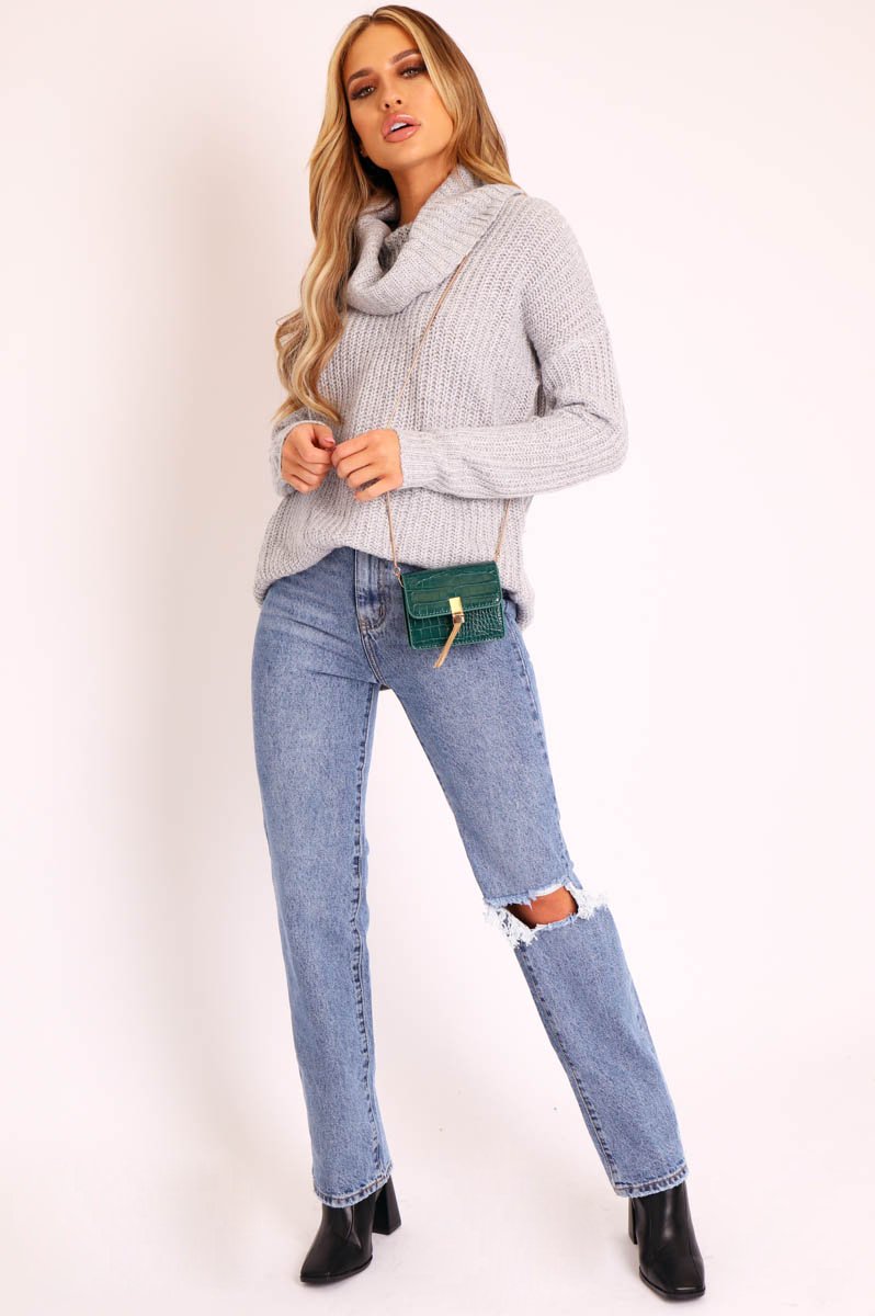 Grey Cowl Neck Longline Knitted Jumper - Cayden-Jumper