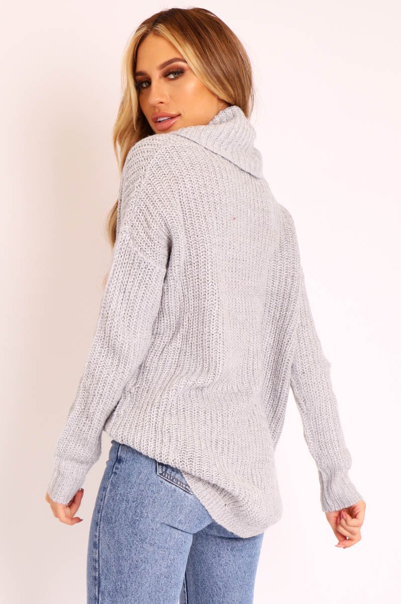 Grey Cowl Neck Longline Knitted Jumper - Cayden-Jumper