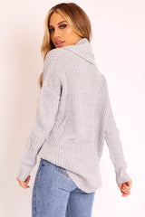 Grey Cowl Neck Longline Knitted Jumper - Cayden-Jumper