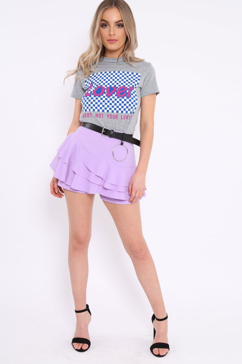 Grey Crew Neck Checker Board Lover Slogan T-Shirt - Camrie-Tops