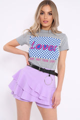 Grey Crew Neck Checker Board Lover Slogan T-Shirt - Camrie-Tops