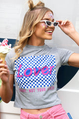 Grey Crew Neck Checker Board Lover Slogan T-Shirt - Camrie-Tops