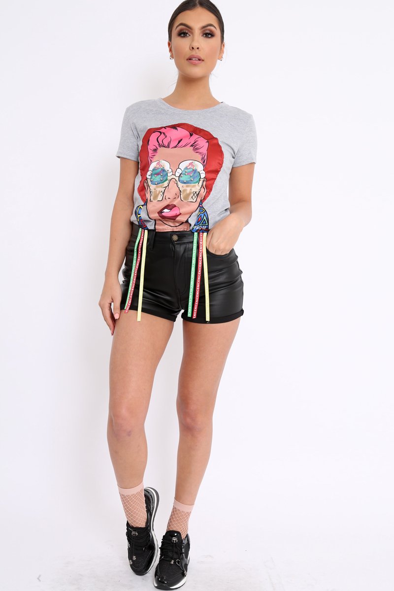 Grey Crew Neck Girls Face T Shirt with Tassels - Lenna-Tops
