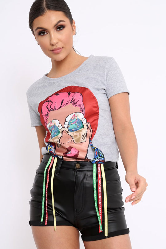 Grey Crew Neck Girls Face T Shirt with Tassels - Lenna