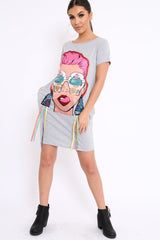 Grey Crew Neck Girls Face T-shirt Dress with Tassels - Sway-Dresses