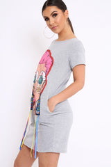 Grey Crew Neck Girls Face T-shirt Dress with Tassels - Sway-Dresses