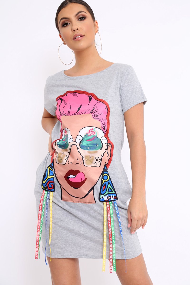 Grey Crew Neck Girls Face T-shirt Dress with Tassels - Sway-Dresses
