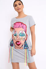 Grey Crew Neck Girls Face T-shirt Dress with Tassels - Sway-Dresses