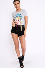 Grey Crew Neck Girls Face T-shirt with Tassels - Leacy-Tops