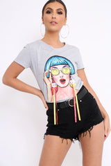 Grey Crew Neck Girls Face T-shirt with Tassels - Leacy-Tops