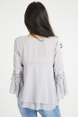 Grey Crochet Detail Bell Sleeve Layered Top - Fiona-Tops