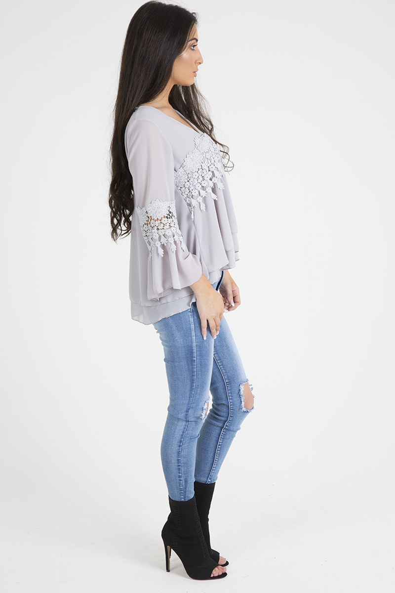 Grey Crochet Detail Bell Sleeve Layered Top - Fiona-Tops