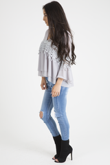 Grey Crochet Detail Bell Sleeve Layered Top - Fiona-Tops