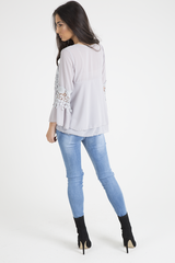 Grey Crochet Detail Bell Sleeve Layered Top - Fiona-Tops