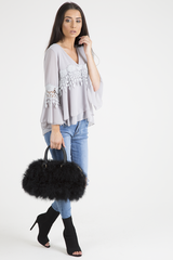 Grey Crochet Detail Bell Sleeve Layered Top - Fiona-Tops