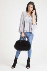 Grey Crochet Detail Bell Sleeve Layered Top - Fiona-Tops