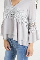 Grey Crochet Detail Bell Sleeve Layered Top - Fiona-Tops