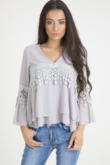 Grey Crochet Detail Bell Sleeve Layered Top - Fiona-Tops