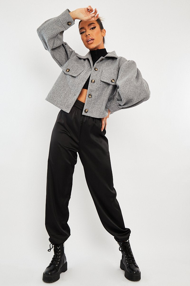 Grey Cropped Balloon Sleeve Shacket - Lexia-Shacket