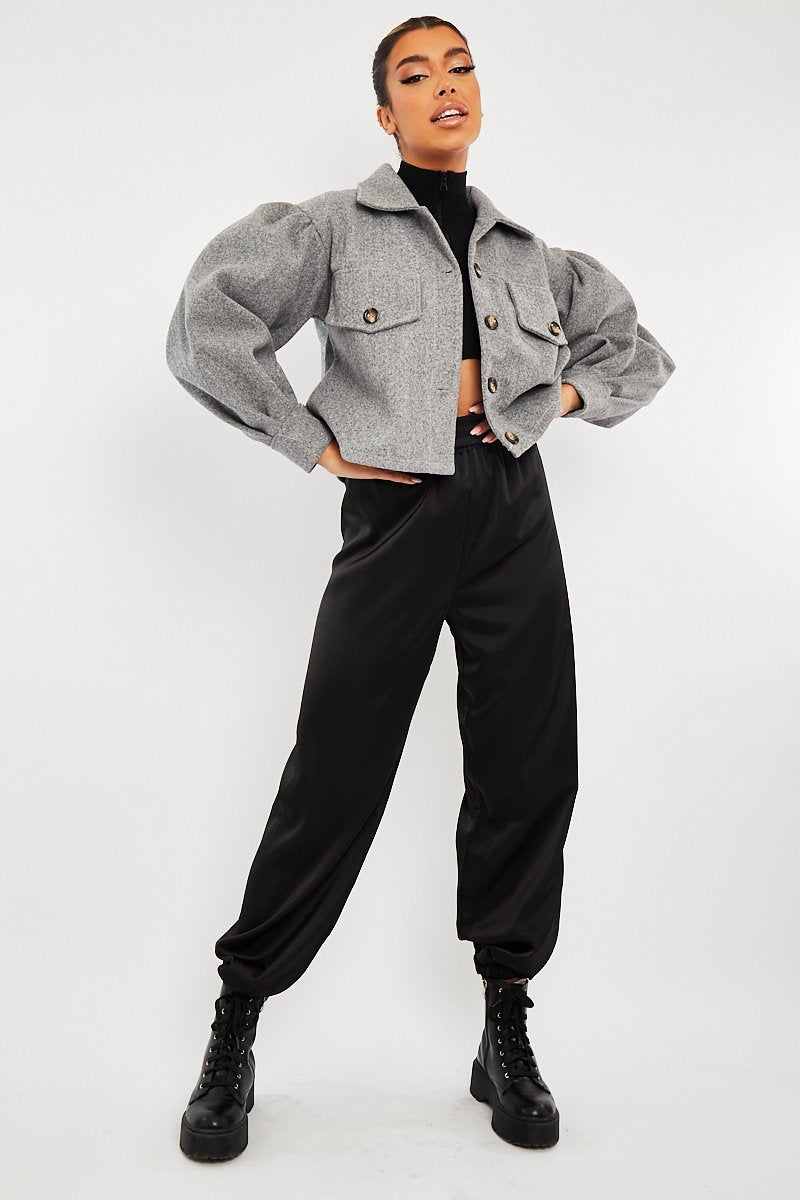 Grey Cropped Balloon Sleeve Shacket - Lexia-Shacket