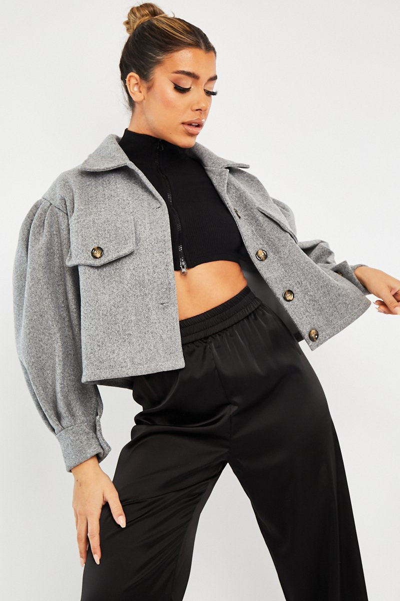 Grey Cropped Balloon Sleeve Shacket - Lexia-Shacket