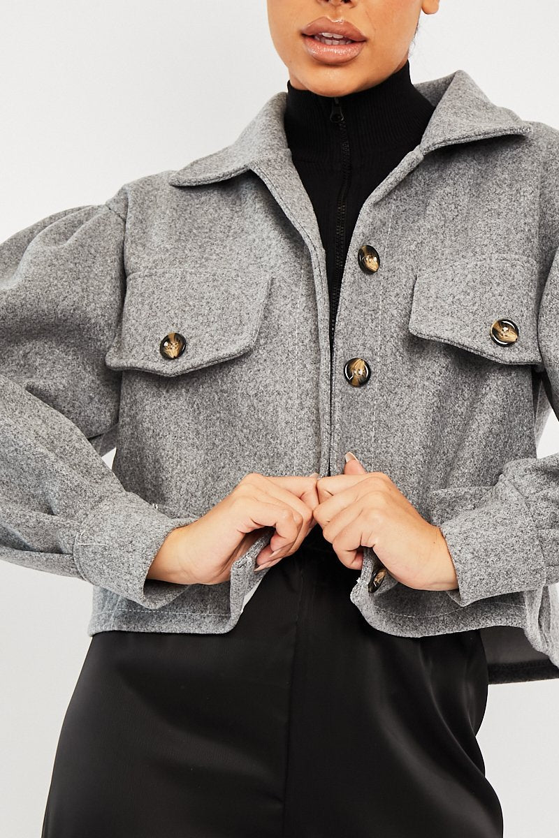 Grey Cropped Balloon Sleeve Shacket - Lexia-Shacket