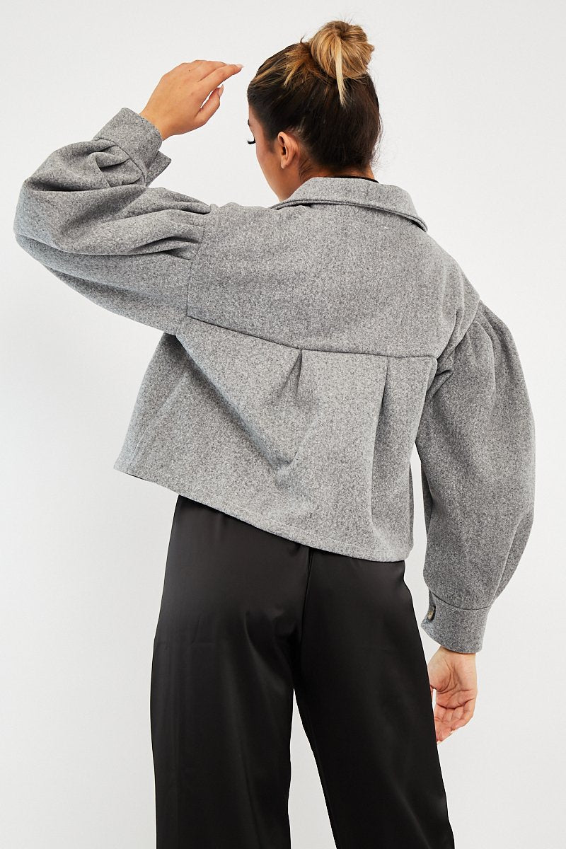Grey Cropped Balloon Sleeve Shacket - Lexia-Shacket