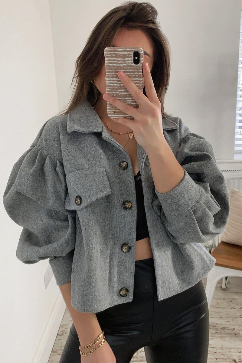 Grey Cropped Balloon Sleeve Shacket - Lexia-Shacket