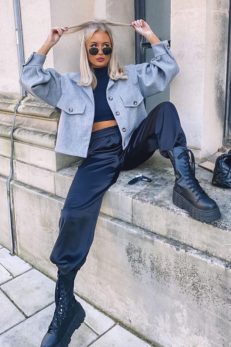 Grey Cropped Balloon Sleeve Shacket - Lexia-Shacket